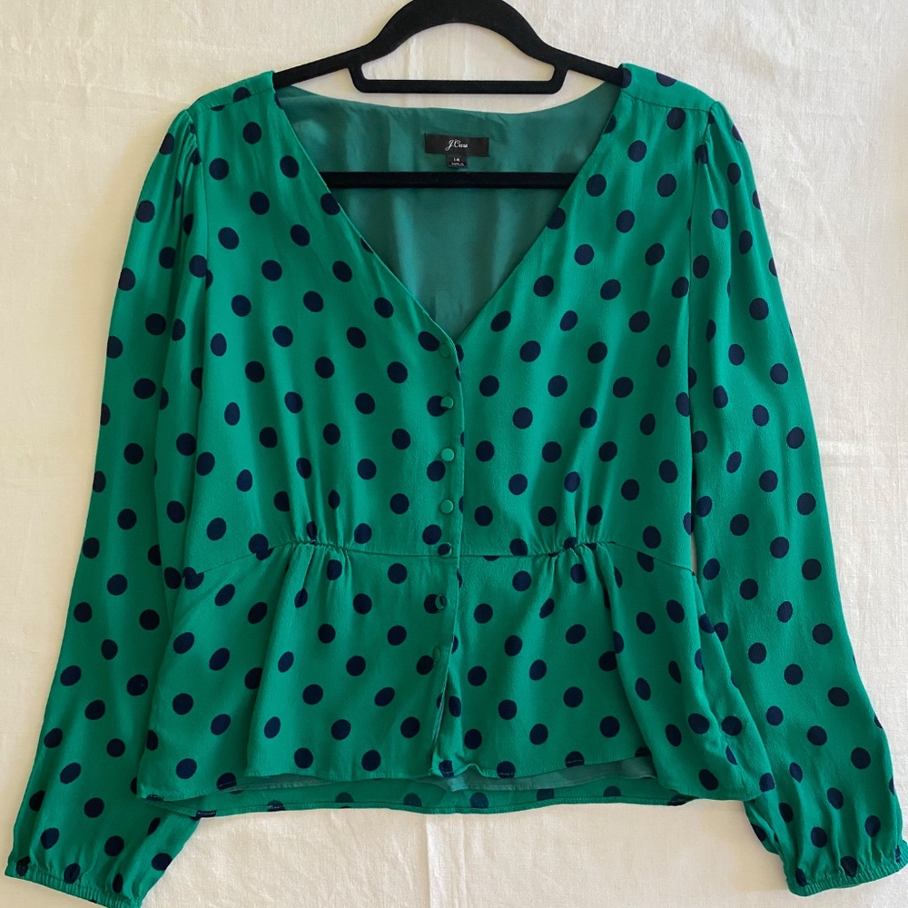 J Crew Green Navy Black Polka Dot V Neck Button Down Blouse Size Large 14